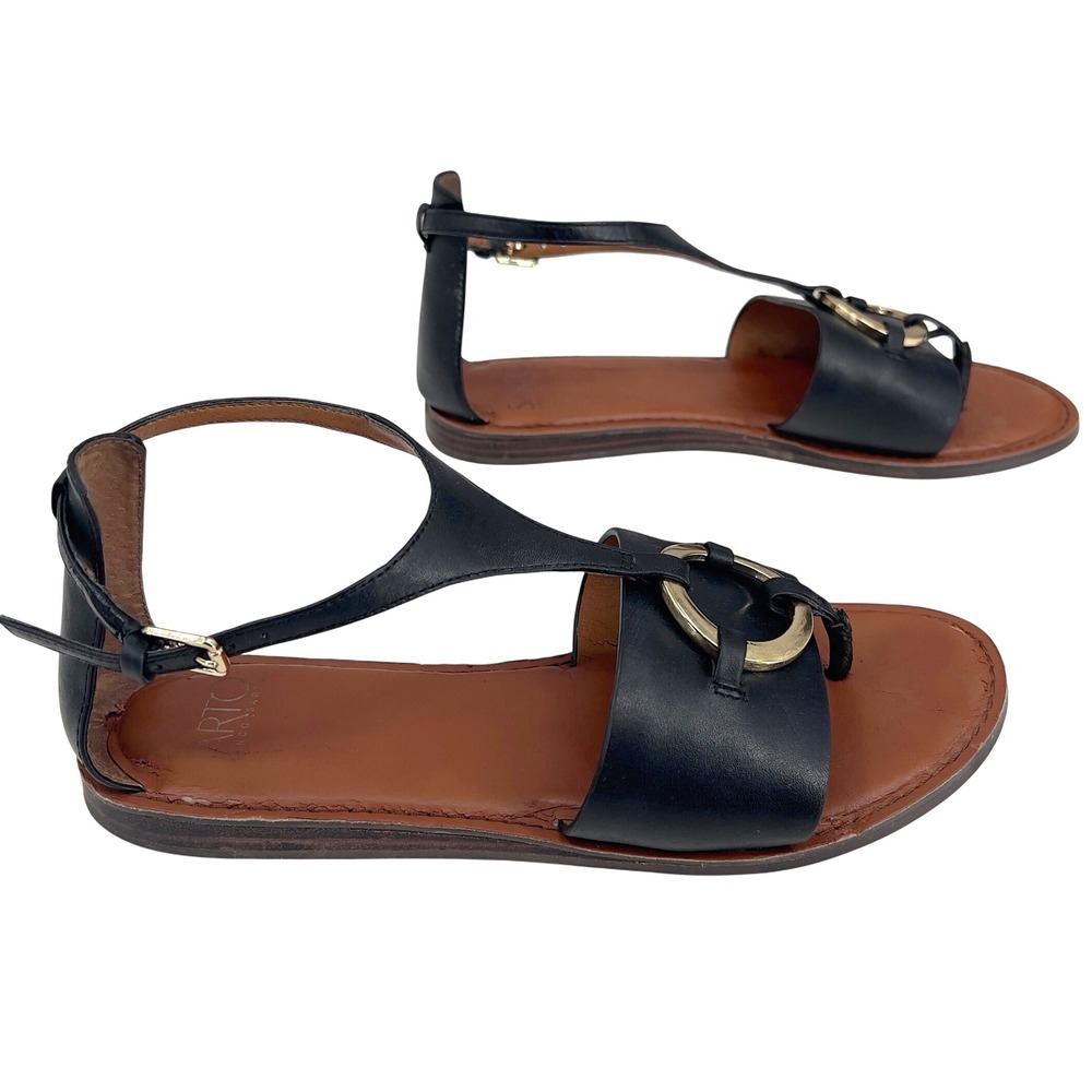 Franco Sarto A-Lockheart Sandals Women's 7‎ M Black Leather T Strap Ring Ankle